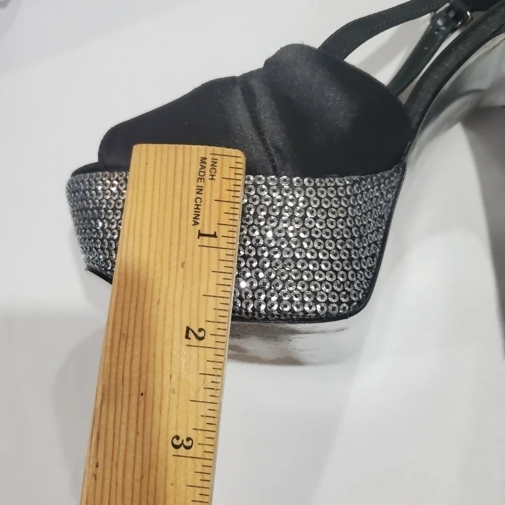 H by Halston Black Leather Rhinestone Platforms 7